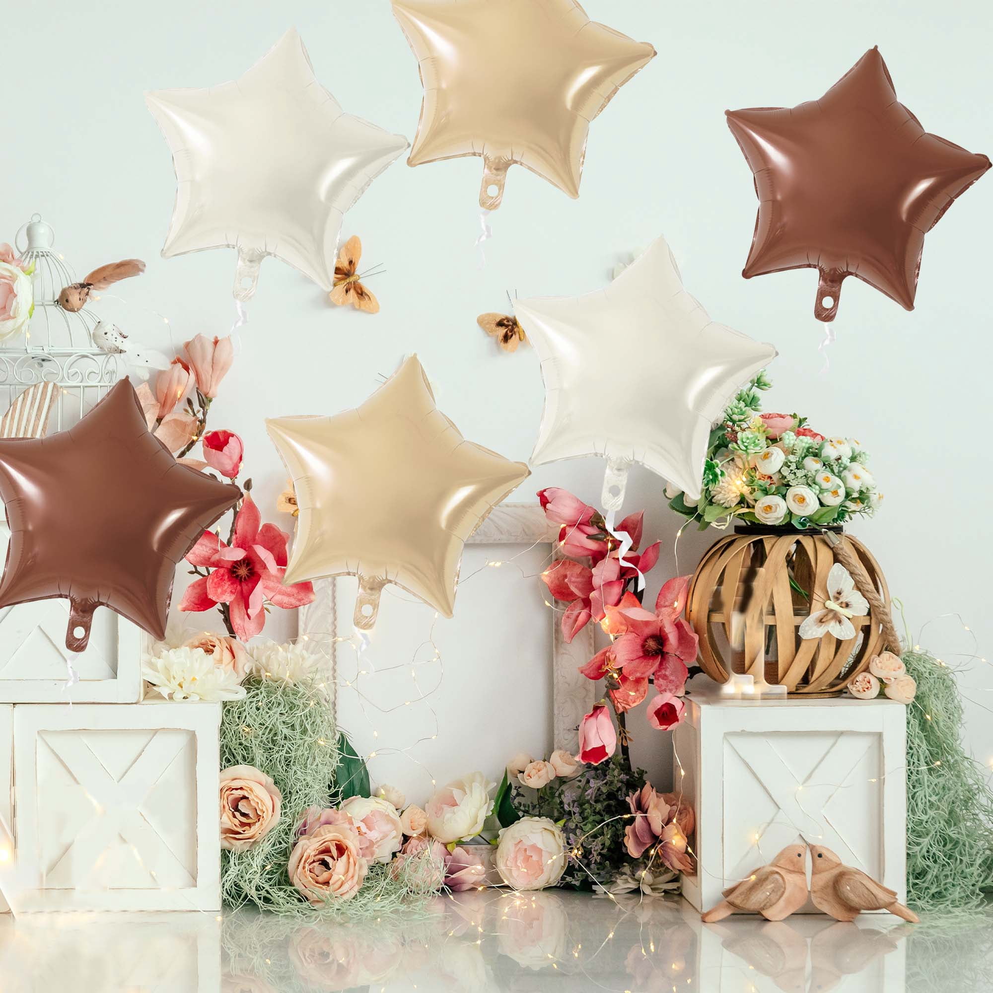 Unique Bargains 10Pcs Helium Balloons with Ribbon Star Pattern White Brown Apricot
