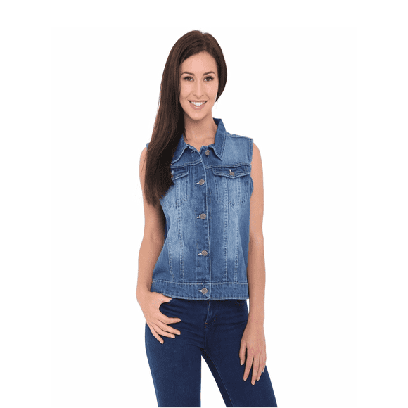 Women's Buttoned Denim Washed Vest W Flap Pockets
