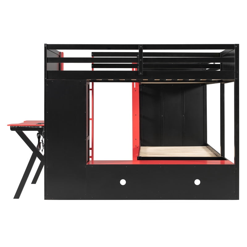 L-Shaped Twin Size Gaming Bunk Bed with RGB LED Lights, 3 Twin Beds, USB Ports, TV Stand & Storage Shelves, Reversible Wooden Bunk Bed Frame for Teens & Adults
