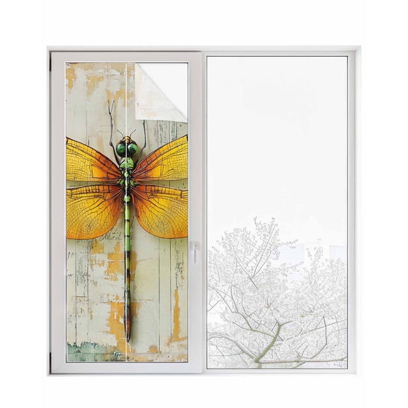 Window Privacy Film Yellow Dragonfly Stained Glass Window Film Decorative Sun Block Window Cover Vintage Rustic Chic Animals Aesthetic Window Clings Static Adhesive Sticker for Bathroom 23.6"x59"