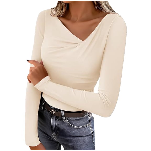 ClodeEU Women's Long Sleeve Asymmetrical Neck Ruched Shirts,Spring Fashion Casual Slim Fit Tee Beige,Womens Plus M