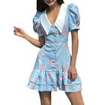 thumbnail image 2 of Vintage Dress for Women 1950s Pastoral Style Cocktail Dresses Lapel Puff Sleeve Back Tie Mini Dress Blue L, 2 of 10