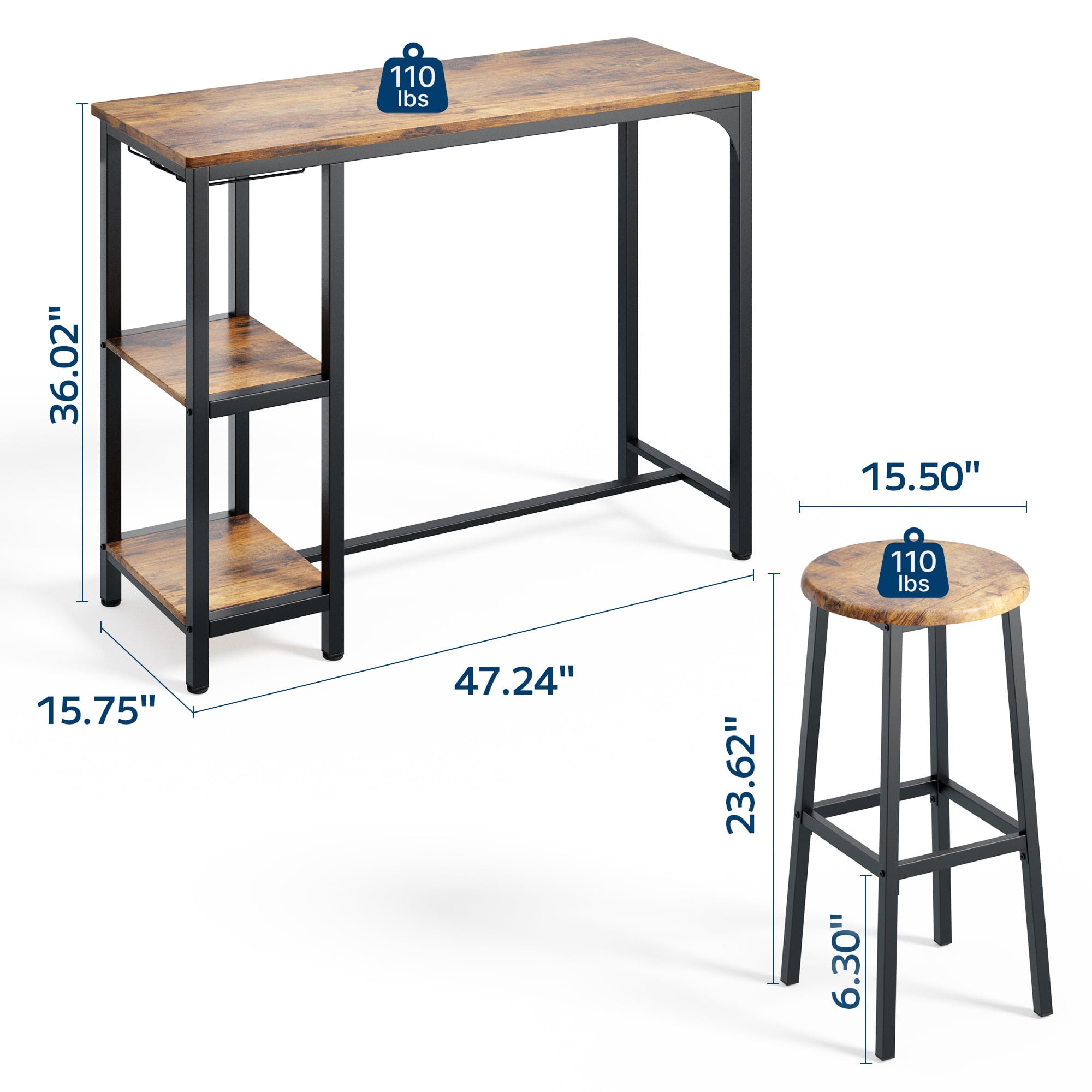 Asofer 3pcs Bar Table and Chairs Set, Kitchen Dining Table Set for 2, Industrial Bistro Set For Small Spaces, Apartment,Retro