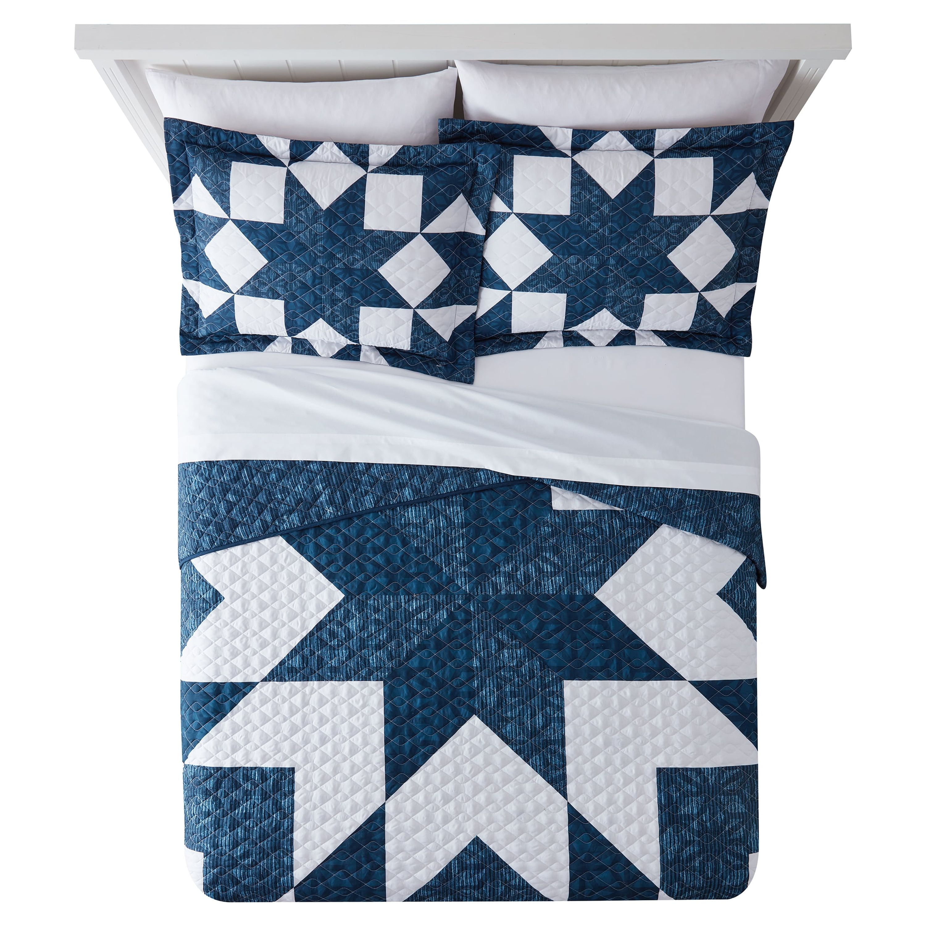 Mainstays Classic Blue Star Microfiber Quilt, Reversible, King