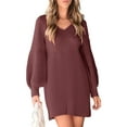 thumbnail image 3 of Women'S V-Neck Puff Sleeve Knitted Sweater Dress Autumn and Winter Casual Knitted Pullover Long Sleeve Dress Brick Red M, 3 of 9