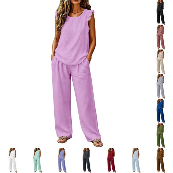 HAYIMI Womens Summer Outfits Sets 2 Pieces Elegant Casual Fly Sleeve Shirts Tops And Trousers Lightweight Comfortable Everyday Warm Weather Modern Relaxed Fit Solid Color Relaxed Fit Clothing Sets
