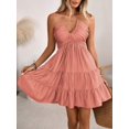 thumbnail image 7 of Coral Orange Womens Ruched Halter Mini Dress, Tiered Shirred A-Line, 7 of 7