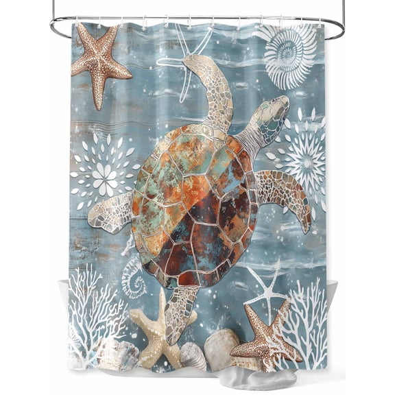 Boanket Polyester Fabric Coastal Turtle Shower Curtain, Teal Nautical Ocean Starfish Coral Waterproof Bathtub Curtain Bathroom Decor Set with Hooks 72 x 96 Inches,