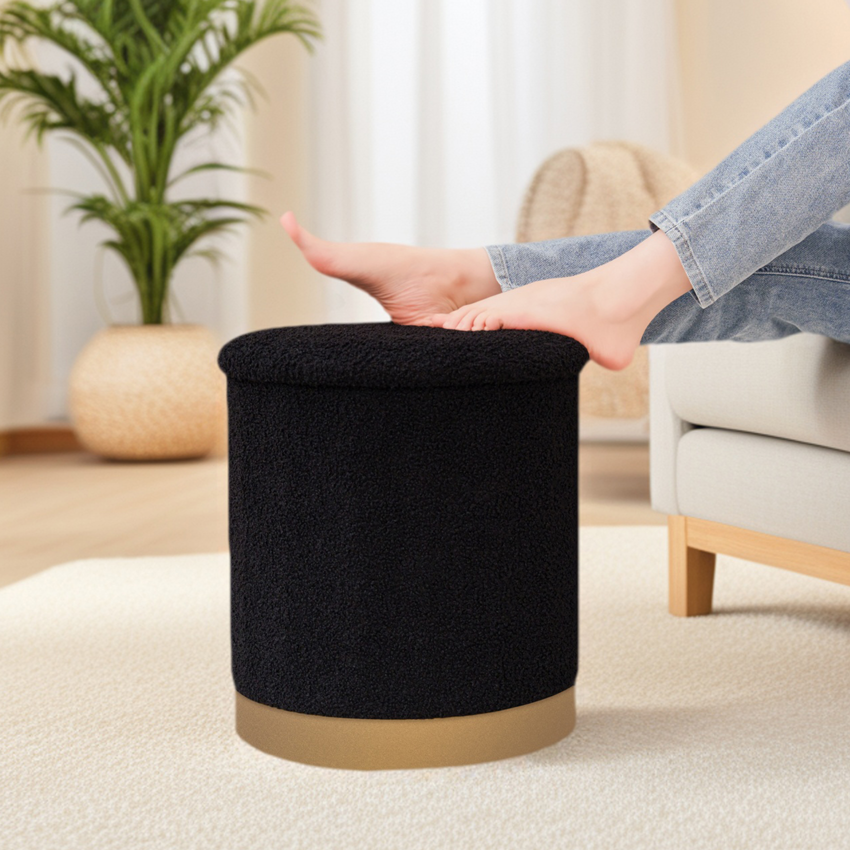 PINPLUS Round Storage Ottoman with Tray Gold Edge Stool Leg Folding Foot Rest for Living Room Black,Sherpa Fabric