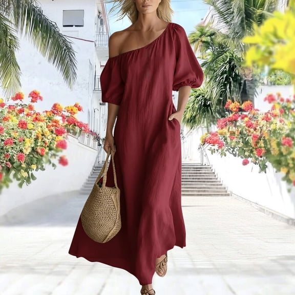 Karymi One Shoulder Maxi Dress, Casual Off Shoulder Puff Sleeve Solid Flowy Dress with Pockets, Summer Loose Beach Cover-Up Dress Womens Dresses