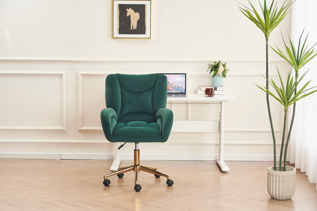 Velvet Office Desk Chair with Gold Metal Base, 360 Degree Swivel Upholstered Vanity Chairs with Arms, Modern Swivel Rolling Chair for Living Room Bedroom, Green