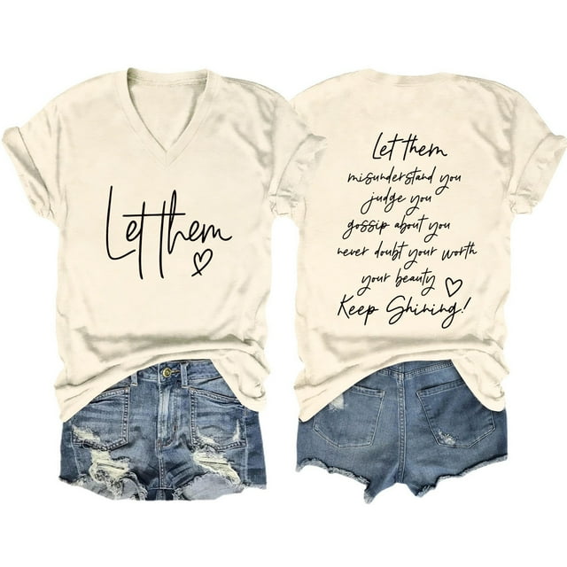 WEIYLL Ladies T Shirts Letter Graphic Short Sleeve V Neck Motivational Beige Tee Sizes XXL