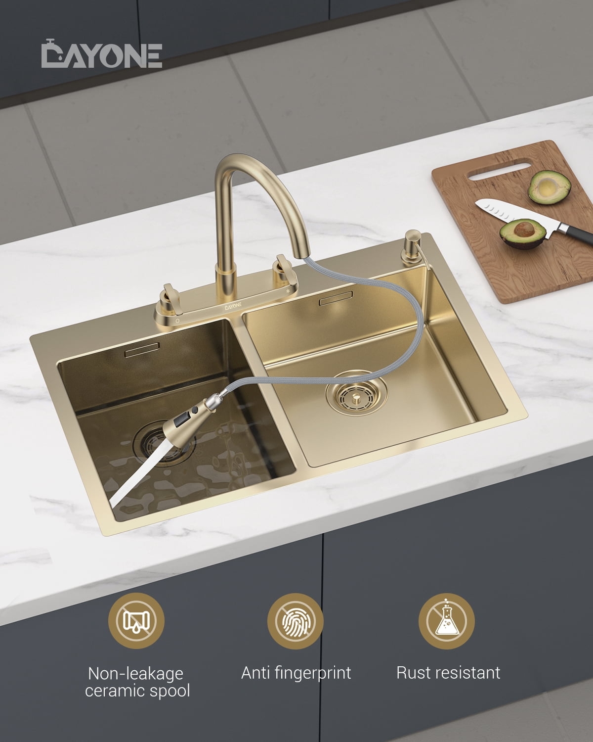 DAYONE Brushed Gold 2 Handle Kitchen Faucet with Pull Down Sprayer, 4 Holes Sink Faucets for Kitchen/RV with Soap Dispenser Stainless Steel