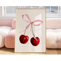 Bow Wall Art Coquette Room Decor, Cherry Wall Art Pink Room Decor, Pink Ribbon Wall Art Preppy Room Decor Trendy Wall Art Teen Bedroom Decor Wall Art, Modern Wall Decor, 8x12 UNFRAMED