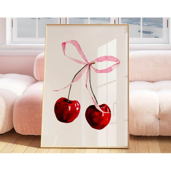 Bow Wall Art Coquette Room Decor, Cherry Wall Art Pink Room Decor, Pink Ribbon Wall Art Preppy Room Decor Trendy Wall Art Teen Bedroom Decor Wall Art, Modern Wall Decor, 8x12 UNFRAMED