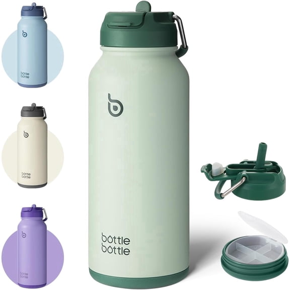 BOTTLE BOTTLE 32 oz Insulated Water Bottle Stainless Steel Sport Water Bottle with Straw Dual-use Lid Design for Gym with Pill Box (green)