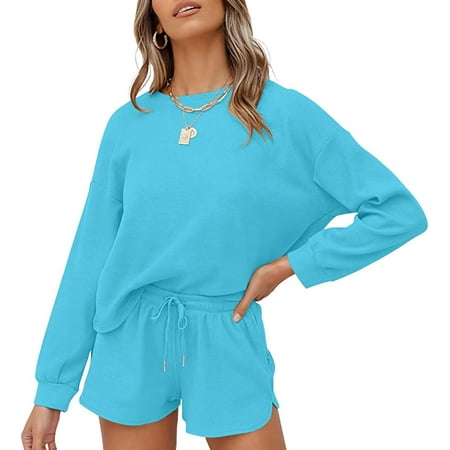 

CHENXINGYGG Women s Waffle Knit Long Sleeve Top and Shorts Pullover Nightwear Lounge Pajama Set with Pockets