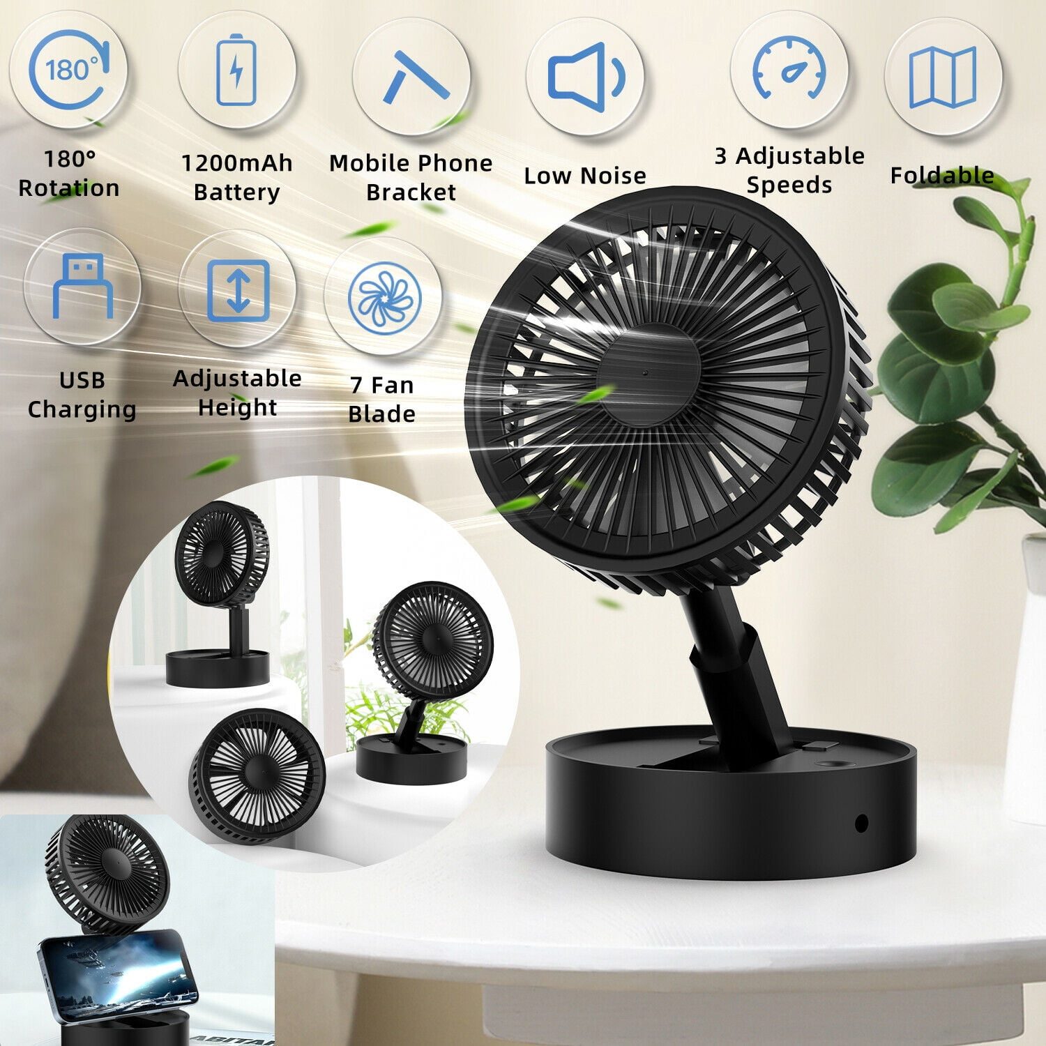 Foldable and Adjustable Fan, for Desks and Bedsides, USB Rechargeable