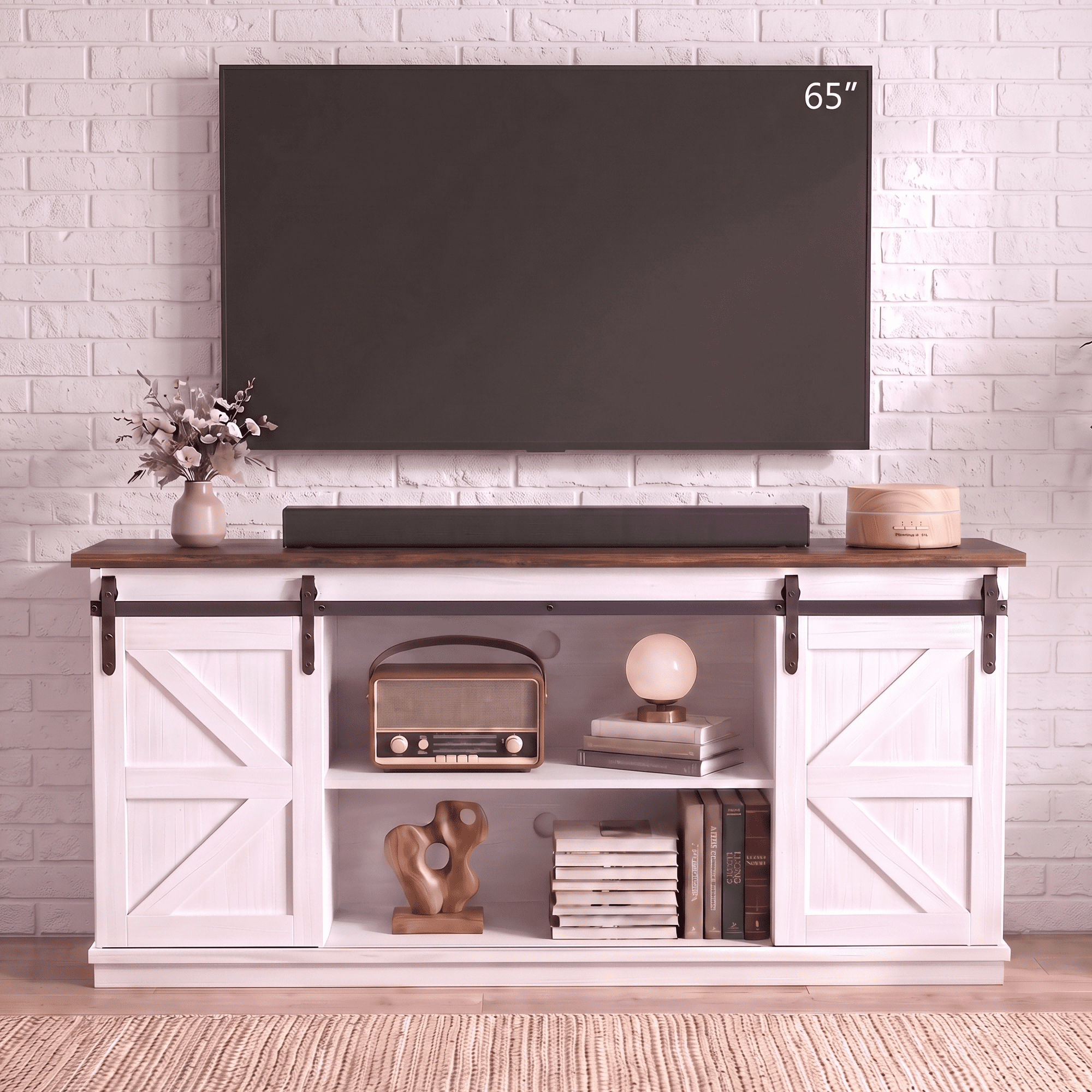 Homall Farmhouse TV Stand for TVs up to 65'', Storage Cabinet with Sliding Barn Door, Entertainment Center for Living Room, White