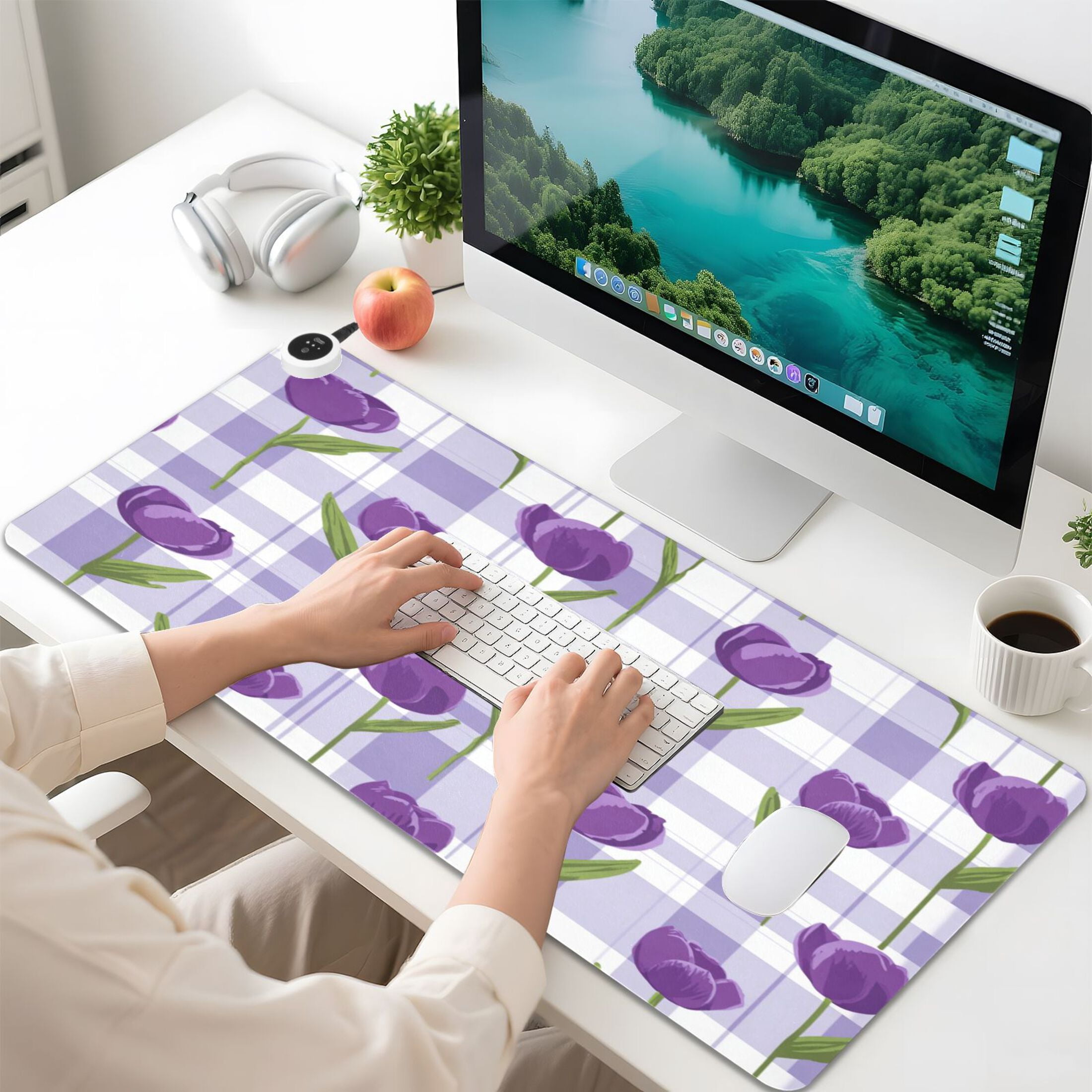 Large Heated Desk Mat Mouse Pad 31.5"x13"PU Leather Graphene Heating Desk Warmer with 3 Temperature Settings 110V US Plug Non-Slip Warm Pad for Home, Office, and Gaming Cute Cartoon Purple Tulips