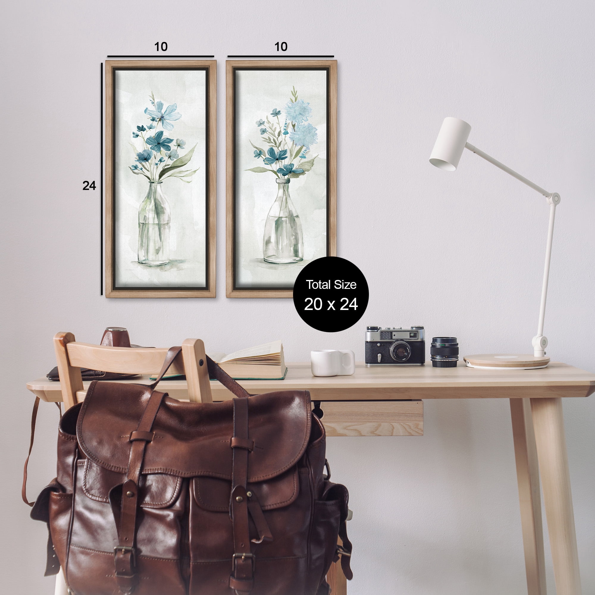 Stupell Industries Elegant Indigo Lilac Flower Jars Botanical & Floral Painting Brown Floater Framed Canvas Art Print Wall Art, 11 x 25, Set of 2