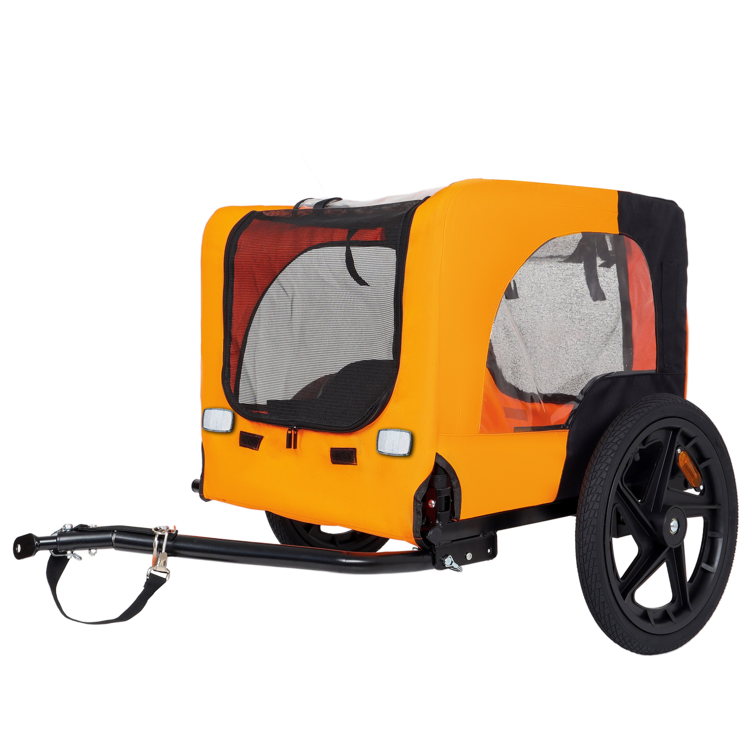 Collapsible Pet Bike Trailer, 16in All-Terrain Wheel Foldable Dog Carrier Cart with Universal Hitch, Reflective Safety Design Waterproof Mesh for Outdoor Cycling, Black & Orange
