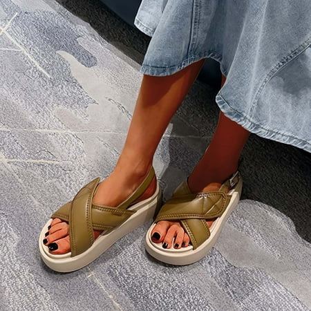 

FAKKDUK Wedge Sandals for Women Elastic Ankle Strap Platform Slippers Womens Thick Bottom Criss Cross Band Sandals Summer Anti-Slip Orthopedic Wedges Walking Sandals Beach Sandals 5.5&Brown