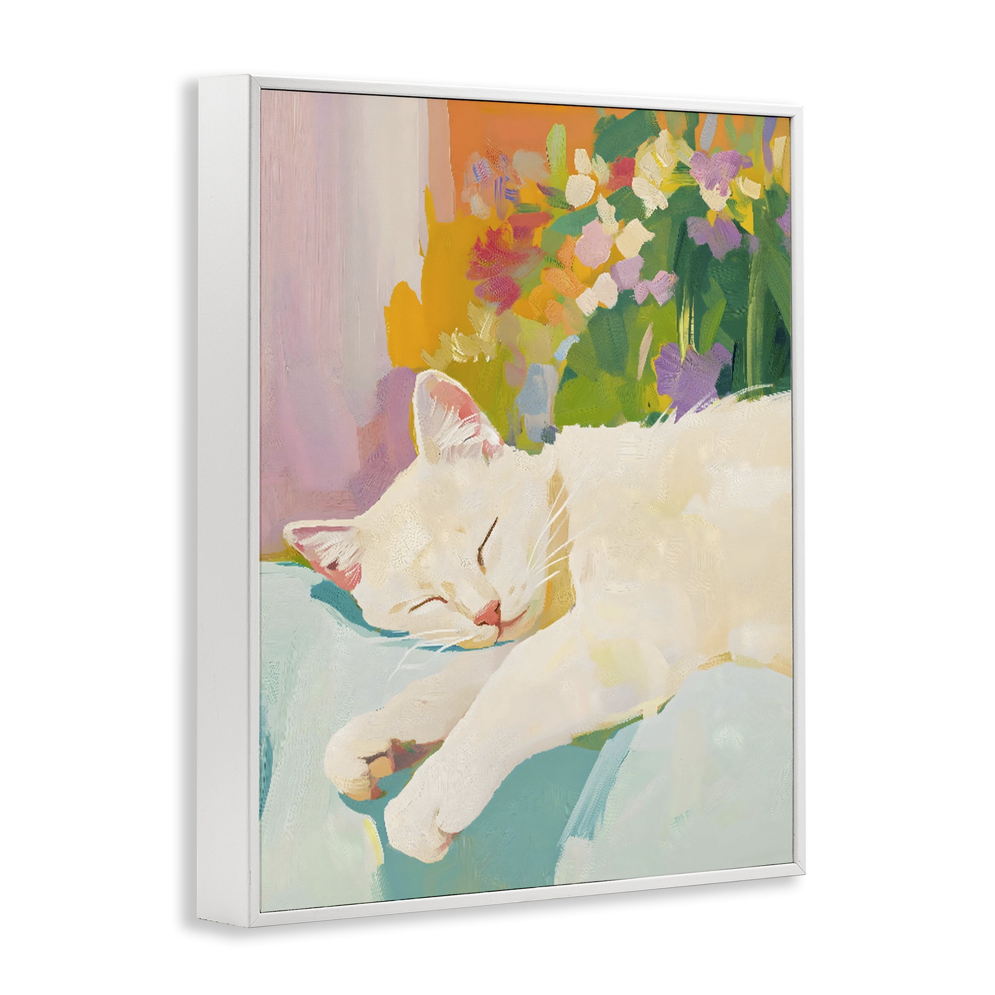 Stupell Industries Sleeping Cat with Flowers White Framed Giclee Art, design by The Prints Vibe