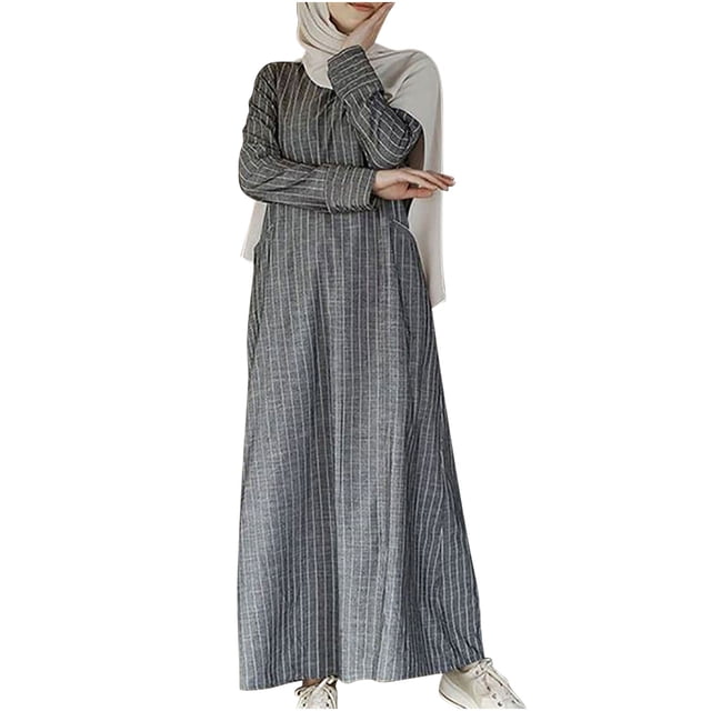 Robe à Manches Longues pour Femmes Mode pour Femmes Col Rond Ample Manches Longues à Rayures Coton Lin Robe Longueur Cheville Robe Longue