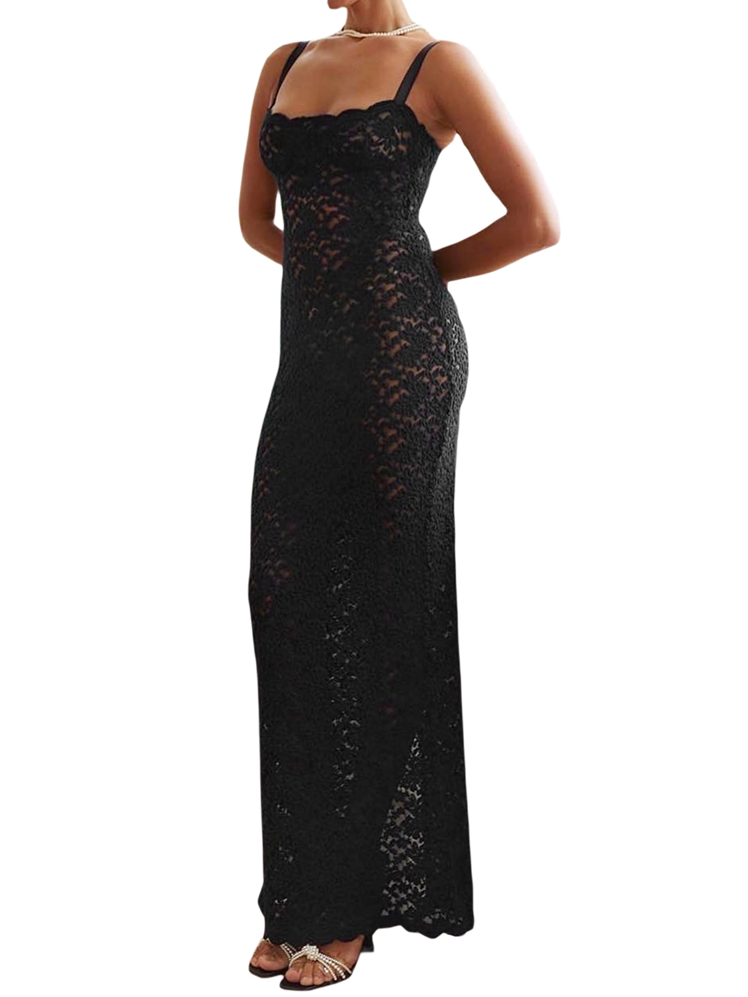 Fortune Women Sheer Lace Dress Mesh See Through Long Dress