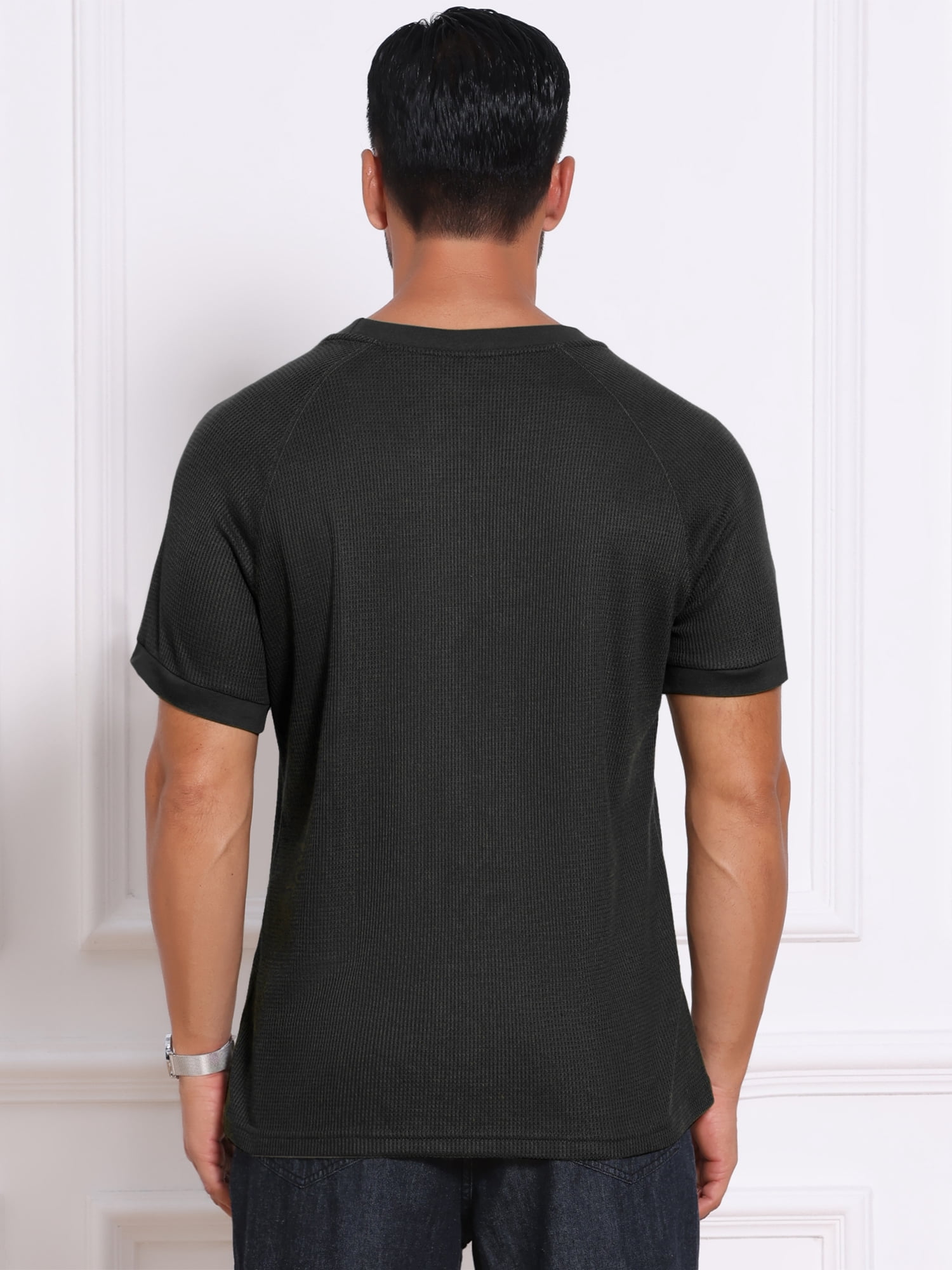 DARING DIVA Men's Waffle Fabric Classic Crew Neck Raglan Short Sleeves 2XL Black