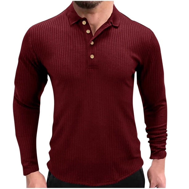 Blusa y camisa de manga larga con cuello vuelto para hombre, moda informal, color liso, botones, cuello vuelto, camiseta de manga larga, abrigo de poliéster para hombre