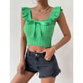 thumbnail image 2 of Top de mujer con nudo de lazo, cuello delantero, sin mangas, Top con volantes, blusa delgada de punto acanalado, blusa de Color puro verde L, 2 of 6