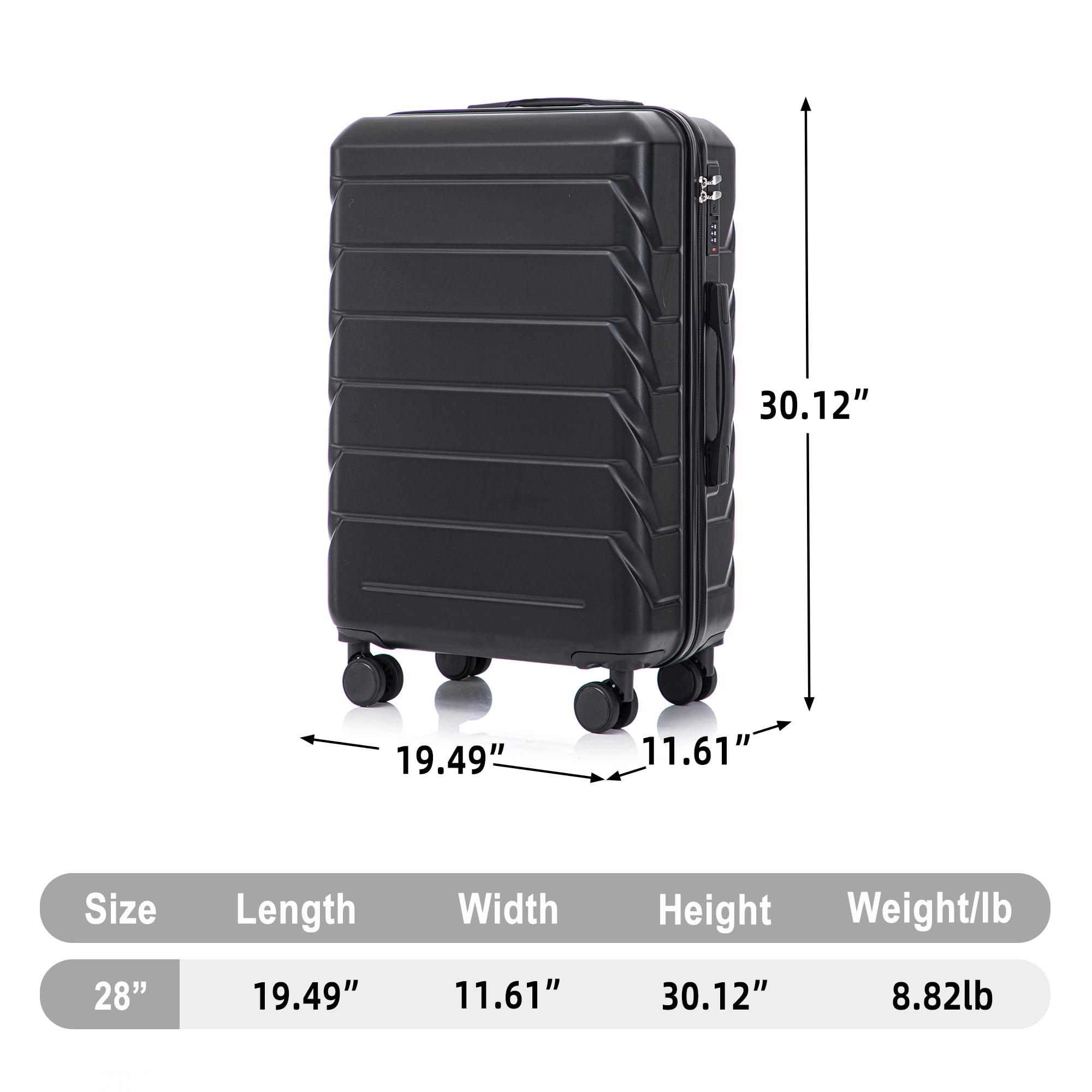 Alvantor 28inch Luggage, ABS Checked Suitcase with 4 Spinner Wheels and Side Hooks, Black