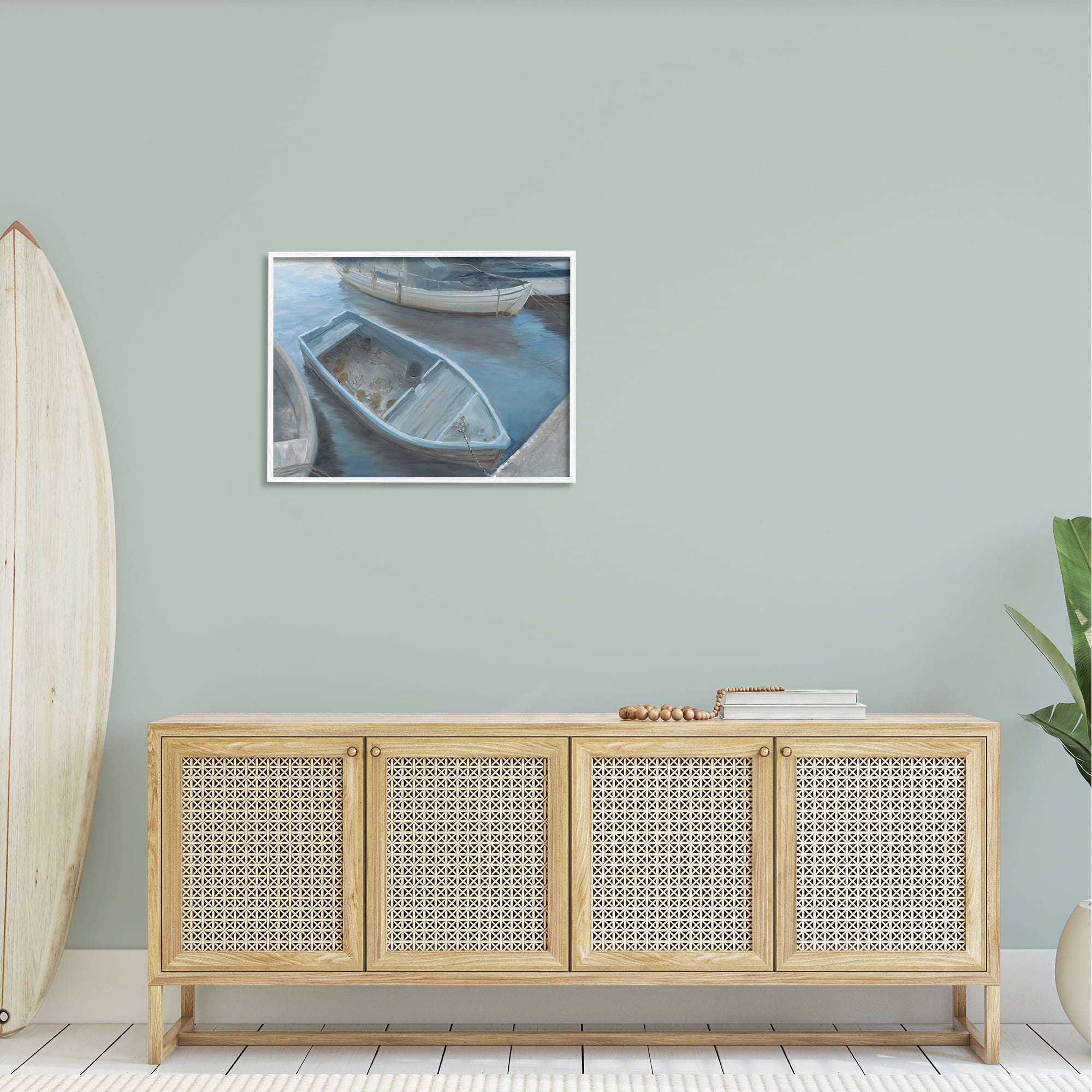 Stupell Docked Dinghy Boat Coastal Pier Landscape Painting White Framed Art Print Wall Art