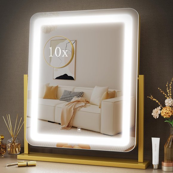 Lighted Makeup Mirror, Hollywood Vanity Mirror with Lights, Three Color Lighting Modes, and Detachable 10X Magnification Mirror, Smart Touch Control, 360°Rotation (15