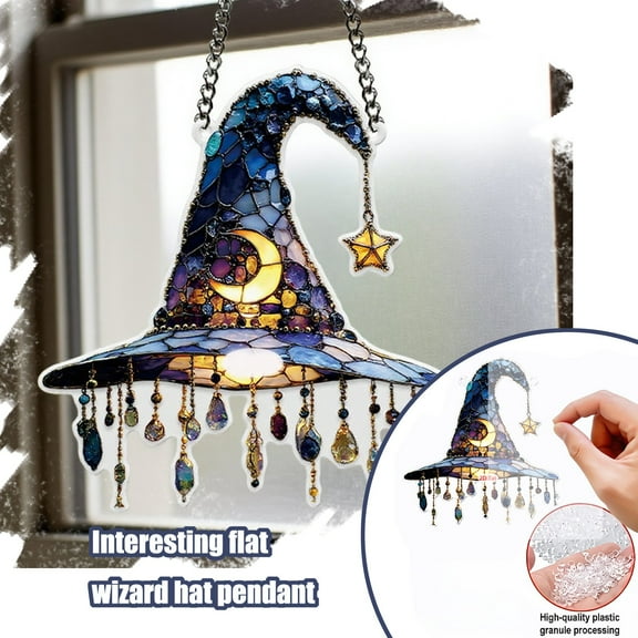 2025 Halloween Charming Moonlight Witch Hat Acrylic Stained Glass Window Hanging Sun Catcher Decor Stained Panel Hangings Wall Halloween Decor