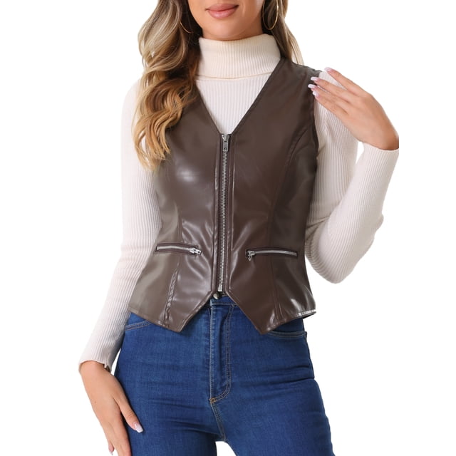 Chaleco sin mangas de cuero sintético para mujer Inspire Chic, con cuello en V, cremallera, estilo vintage, color marrón