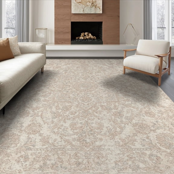 ODIKA 8'x10' Washable Area Rug Non-Shedding, Easy Care, Beige Para Ornamental Faded Decorative Tapetes Sala Neutral Cream for King Size Bedroom Under Bed, Master Suite
