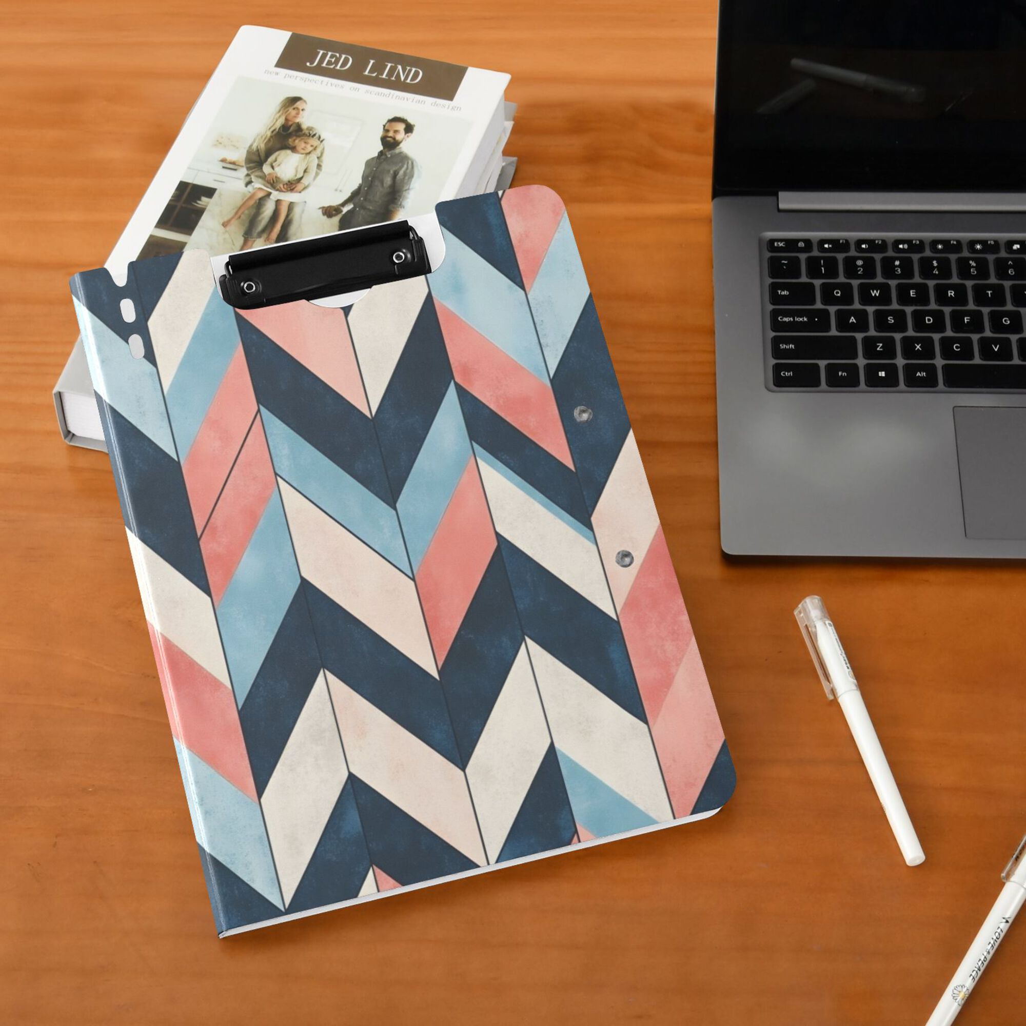 FORMRS A4 Clipboard Folder with Pen Holder Horizontal Foldable School Office Binder, Pink Geometric