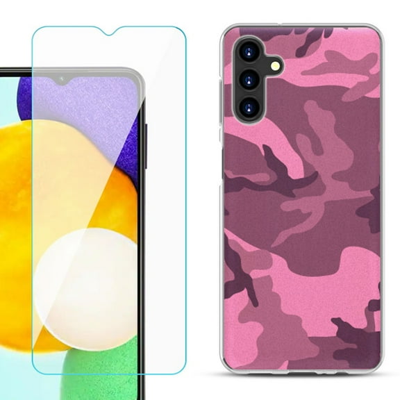 Slim-Fit TPU Fashion Phone Case for Samsung Galaxy A13 5G, with Tempered Glass Screen Protector, by OneToughShield ® - Camo Pink