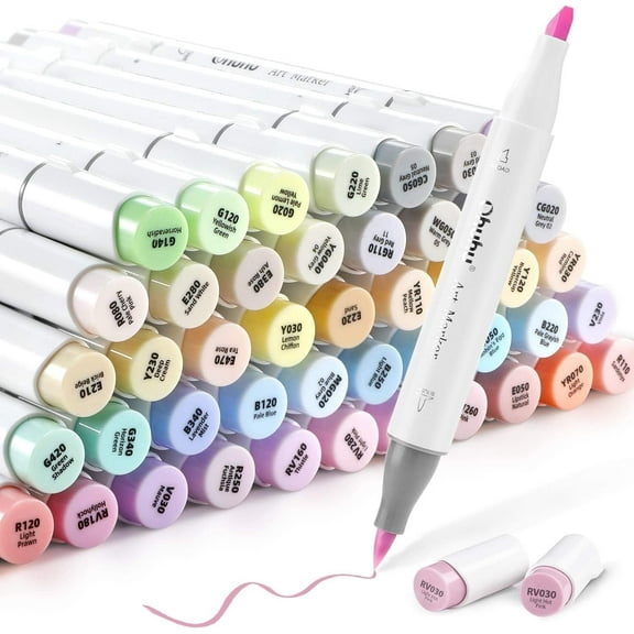 Ohuhu 48 Color Pastel Brush & Chisel Alcohol Based Markers Set Refillable Ink