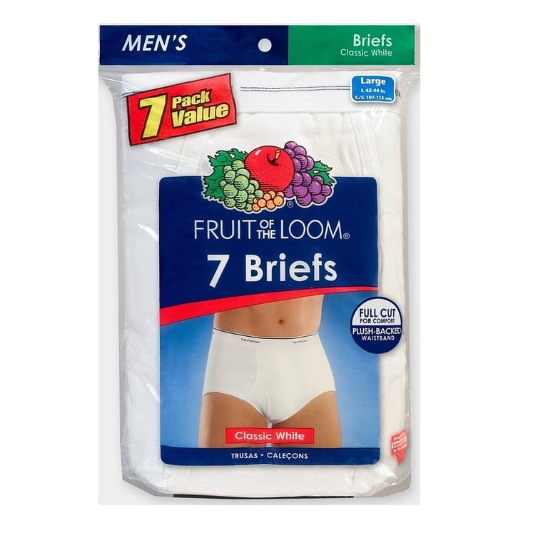 Fruit of the Loom Men's White Briefs, 7-Pack, Large, 100% Cotton