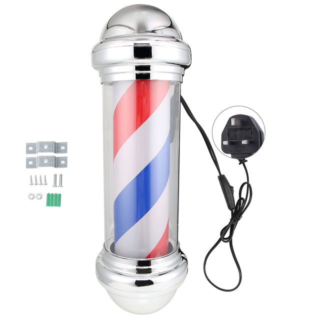 BR Poste impermeable para barbería, luz giratoria roja, blanca y azul, señal de rayas, lámpara para peluquería, enchufe británico de 220V