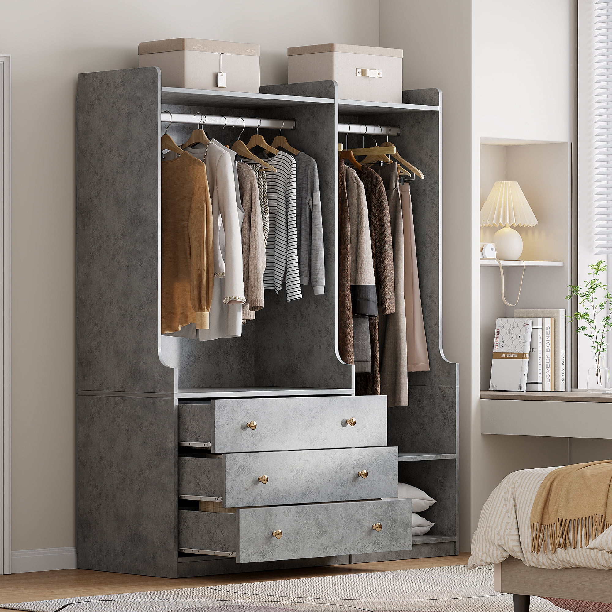 Euroco 66.9" Armoires, Open Three Tire Wardrobe with Drawers, Gray