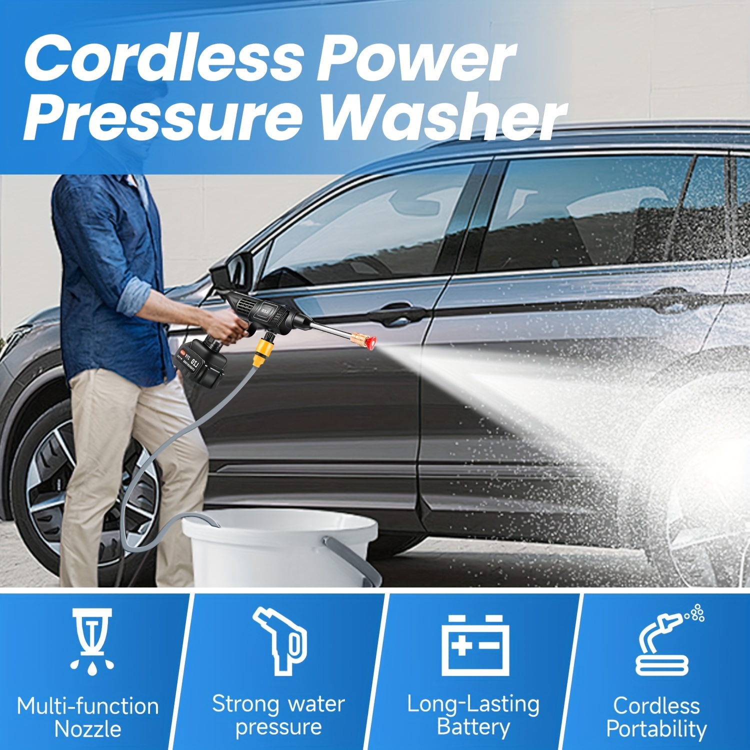 Fanruina Cordless High Pressure Washer Portable Electric Car Wash Tool with Foam Cannon for Outdoor and Indoor Cleaning