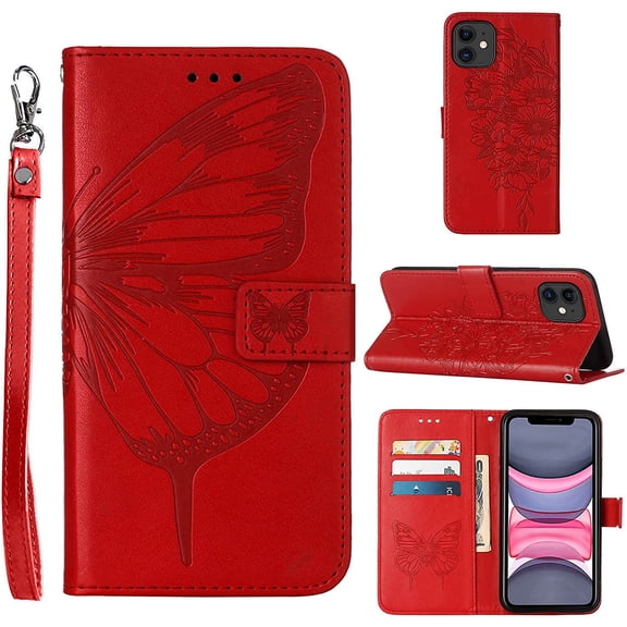 Phone Case for iPhone XR Wallet,Card Holder [Kickstand][Wrist Strap] Butterfly Floral Embossed for Women PU Leather Flip Protective Cover for iPhone XR Cases 2021 (Red)