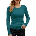 thumbnail image 1 of Womens Ribbed Long Sleeve Crewneck Casual Slim Basic Shirts Fitted Knit Tops Blue & Green L, 1 of 6
