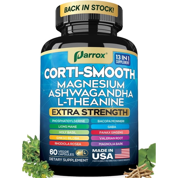 Parrox Corti-Smooth Cortisol Supplement Magnesium, L-Theanine, Ashwagandha, Phosphatidylserine, Valerian Root, Lions Mane, Bacopa Monnieri, Ginkgo Biloba, Panax Ginseng, Magnolia Bark, GABA (60 Caps)