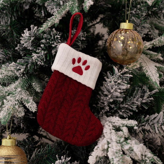 Bolsa de regalo navideña | Medias de punto con diseño bordado de huella de perro y copo de nieve | Decoración navideña roja | Tamaño: 18 cm x 15 cm
